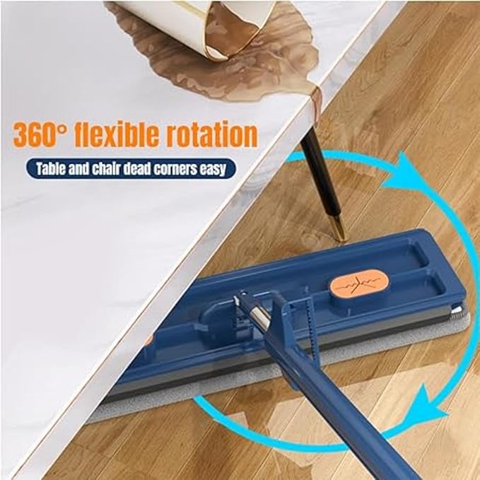 360° Adjustable Rotating Cleaning Mop with Automatic Compressed Water Triangular Mop for Cleaning Kitchen Walls Ceiling Corners (Flat) Blue + 6 Cloth)