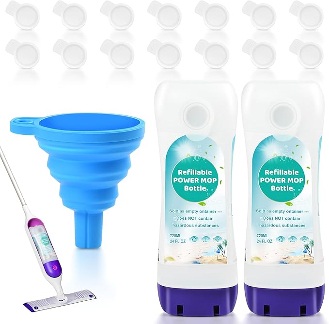 Refillable Bottle for Swiffer® Power Mop™ - 720 ML/24 FL OZ - Leak-Proof HDPE Material Solution Bottle 2 Empty Bottle + 14 Silicone Pads + 1 Funnel Easy Install for Use with Any Cleaning Solution
