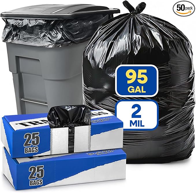 95-96 Gallon Trash Bags Heavy Duty 100 Pounds Extra Large Industrial Durable 90-100 Gal Black Garbage Can Liners Fits Rubbermaid Brute 95 gal Trash Cans - 61 x 68 2 Mil (50 Pack)