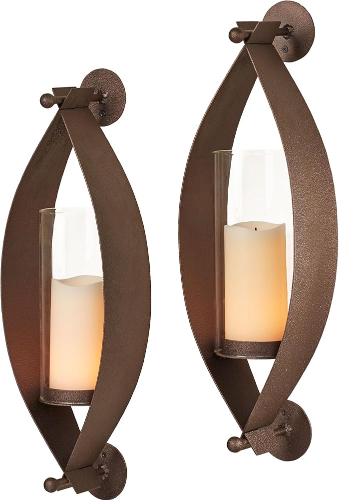 Touch of Class Xander Wall Sconce Pair - Handcrafted Steel - Bronze - Glass Hurricane - Set of 2 - Metal Sconces Holder for Bedroom Bathroom Living Room Kitchen Walls Hallways