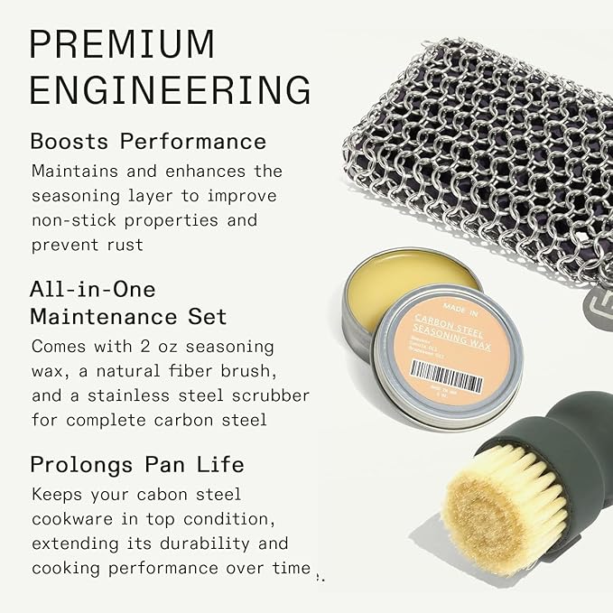 Made In Cookware | 3-Piece Carbon Steel Cleaning Set | Includes Chain Mail Scrubber Cleaning Brush and Carbon Steel Seasoning Wax