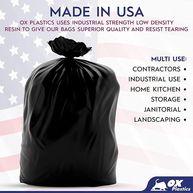 Ox Plastics Trash Can Liners Bags - 95 Gallon Capacity &amp 2.2mil Thick Extra Heavy Duty Strength - Large Garbage Leak-Proof &amp Durable House &amp Commercial Use Bags Black (25 Count)