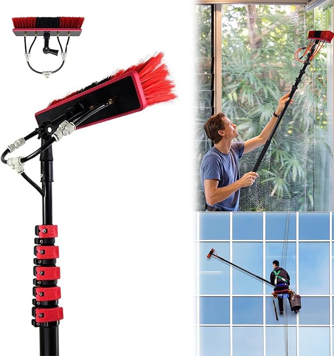 6m Telescopic Window Cleaning Pole with 30cm Brush Head Professional Water Fed System for Solar Panel and Conservatory Roof Cleaning
