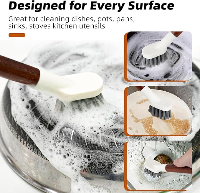 4-Pack Heavy Duty Scrub Brushes with 11 Sapele Wood Handle – PBT Bristles &amp TPR Loop – Kitchen Bathroom Grout Dish &amp Tile Cleaner – Durable Non-Slip Multi-Surface Cleaning Brush Set