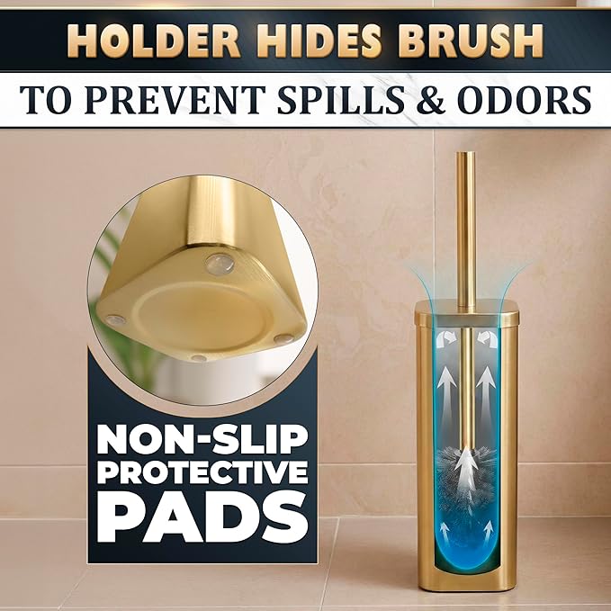 Gold Toilet Brush with Square Holder - Toilet Brush and Holder Set Gold Stainless Steel Handle with Splash Shield Replaceable Head and Removable Inner Cup - Freestanding Bathroom Toilet Cleaning Set