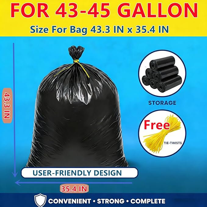 45 Gallon Trash Bags Heavy Duty Large Plastics Garbage Bags 70 Count 2.0 Mil Extra Thick 36”x 44”Trash Can Liners Garbage Trash Bag for Industrial Home Kitchen Commercial Yard Lawn Leaf