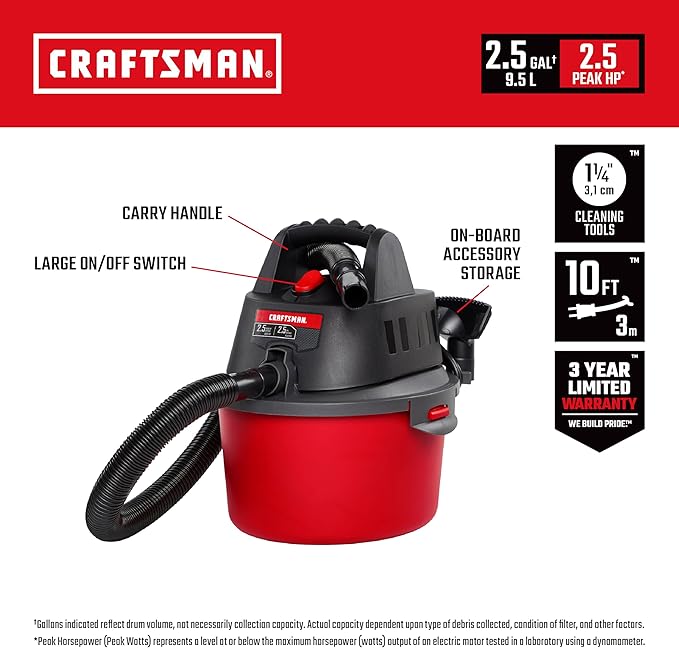 CRAFTSMAN CMXEVBE17250 2.5 Gallon 2.5 Peak HP Wet Dry Vac Portable Shop Vacuum Wet and Dry with Filter Bag Hose and Attachments for Cleaning in the Home