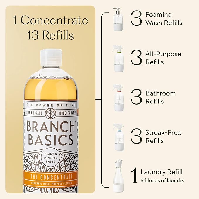 Branch Basics Premium Starter Kit in Glass: All Purpose Cleaner Glass Cleaner Bathroom Cleaner Wash Bottle and Laundry Bottle (3 Glass Spray Bottles + Concentrate) Fragrance-Free