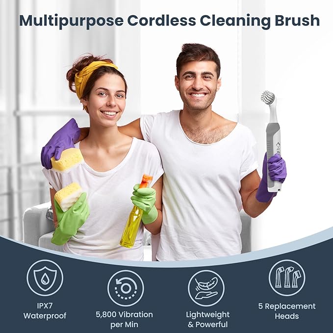 LifeBasis Rechargeable Power Scrubber Cordless Electric Cleaning Brush Water Resistant Small Electric Grout Brush with 5 Brushes for Home/Kitchen/Bathroom/Grout/Tile/Shower/Tub White