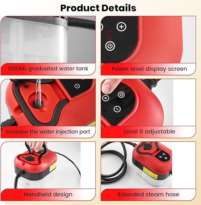 Saker Handheld Steam Cleaner for Home6-Level Adjustable Steamer for CleaningPortable Steam CleanerPortable Steamer for Cleaning with 1200ML Water TankSuitable for KitchenBathroomLiving Room
