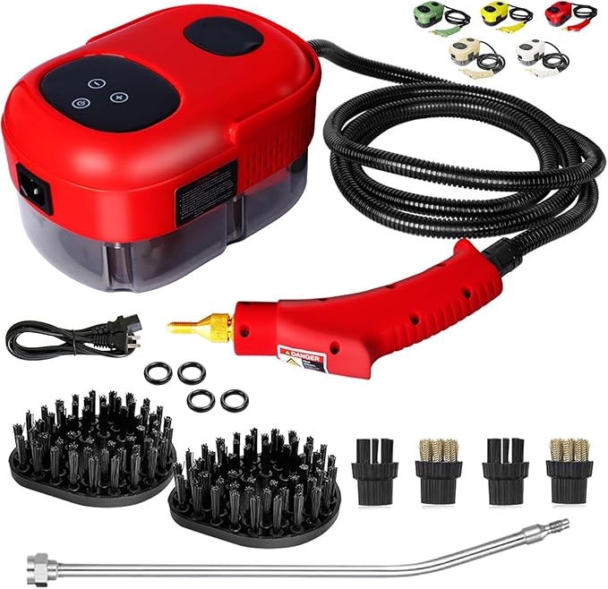 2500W Handheld Steam CleanerSteamer for Cleaning15SFast Heating High Pressure Portable Steam Cleaner w/5 Brushes and Extended Rod (Red - Steam Cleaner)