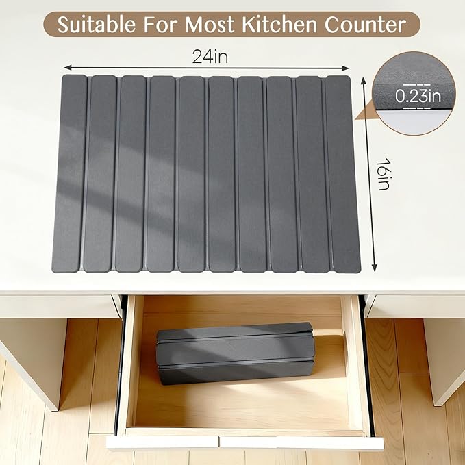 Large Stone Dish Drying Mat for Kitchen Counter Thin &amp Light Quick Dry Stone Dishes Mat Foldable Water Absorbing Diatomite Drying Pad for Kitchen Bathroom Sink Countertop (Pure Gray 24×16 &amp