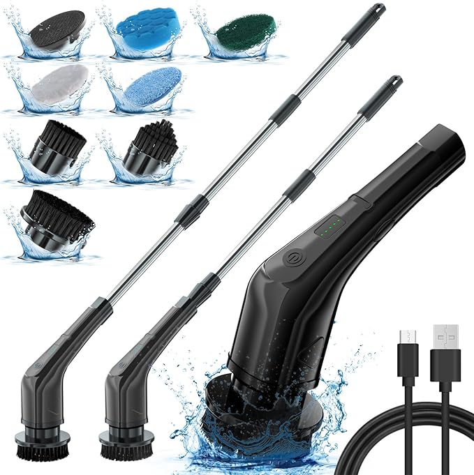 APLUSH Electric Spin ScrubberCordless Shower Cleaning Brush with 7 Replaceable Brush Heads Adjustable 2 Speeds Extension Handle Power Cleaning Brush for Tub Tile Floor CarBlack