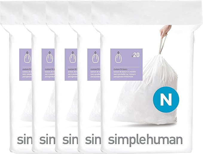 simplehuman Code N 100 Count Dispenser Pack Custom Fit Liners Drawstring Trash Bags 45-50 Liter / 11.9-13.2 Gallon White