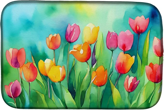 Caroline's Treasures DAC1618DDM Tulips in Watercolor Dish Drying Mat Absorbent Dish Drying Mat Pad for Kitchen Counter Dish Drainer Mat for Countertop 14 x 21 Multicolor