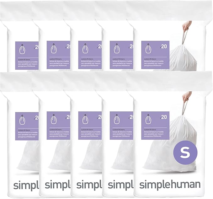 simplehuman Code S 200 Count Dispenser Pack Custom Fit Liners Drawstring Trash Bags 16 Liter / 4.2 Gallon White