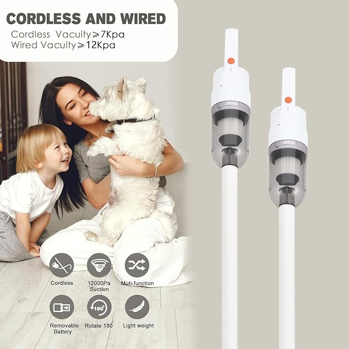 6-in-1 Lightweight Stick Vacuum Cleaner with 100W Powerful Motor Mini Portable Household Handheld Vacuum Cleaner for Domestic Hard Floors Carpets and Pet Hair (White Cordless with Plug)