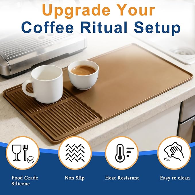 Mrcrypos Silicone Coffee Mat 16X24in - Non-Slip Espresso Countertop Mat Spill Proof Coffee Bar Mat for Kitchen Station with Detachable Dish Drying Mats Fit Cafes &amp Office Countertops Brown