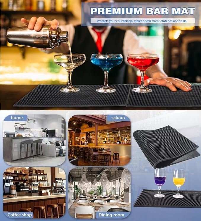 Bar Mat 4Pack IMIYOKU 0.3 Thick Durable Bar Mat for Spills Service Mat for Coffee Bars Restaurants and Counter Top Dish Drying Mat Glass Drying Mat (Black 1PC/18 x 12 +1PCS/23 x 3 +2PC/12 x 6)