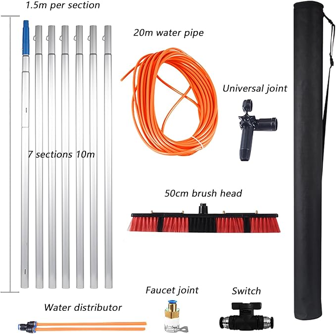 Water Fed Pole Kit w/65 Feet Hose Glass Window Cleaner Solar Panel Cleaning System50cm1000cm