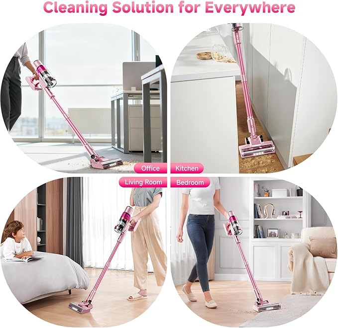 Cordless Vacuum Cleaner: Portable 6-in-1 Stick Vacuum with Anti-Tangle Brush LED Headlight Self-Standing HD Display Rechargeable Vacuum for Pet Hair Low-Pile Carpet and Hardwood Floor-Dark Pink