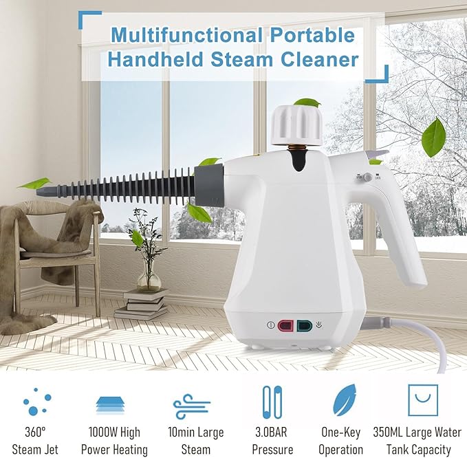 Handheld Steam Cleaner with 10 Accessories1000W High Power and 3.0 BAR PressureMultipurpose Steam Cleaner for HomeSteam Mop for Cleaning DirtOil StainsCarpetsFloorsSofasCars (White)