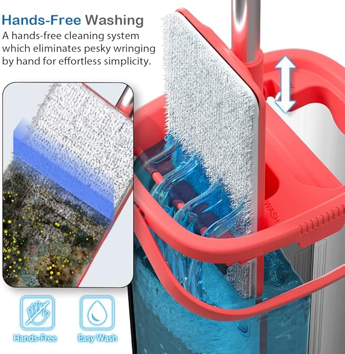 Tethys Flat Floor Mop and Bucket Set for Professional Home Floor Cleaning System with Aluminum Handle/2-Washable Microfiber Pads Perfect Home + Kitchen Cleaner for Hardwood Laminate Tiles Vinyl