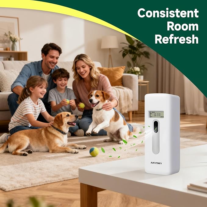 Automatic LCD Air Freshener Dispenser Wall Mount or Free Standing Programmable Spray for Bathroom Home Office Hotel Commercial Use Compatible with Glade Refills White