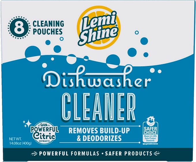 Lemi Shine Natural Dishwasher Cleaner - Hard Water Citric Acid Cleaning Powder - Lemon Scented Eco-Friendly Dishwasher Cleaner &amp Deodorizer - 14.08 oz (8 Pack)