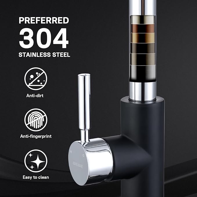 WEWE Kitchen Sink Faucet Pull Down Kitchen Faucet Black and Chrome Kitchen Faucet with Sprayer Stainless Steel Single Handle one or Three Hole for Laundry bar Kitchen Sinks