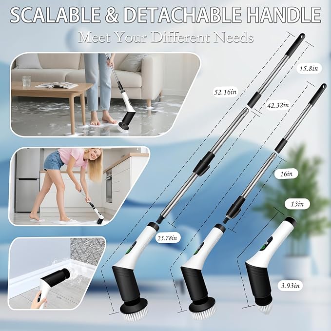 Spin Scrubber9-In-1Multifunctional Cleaning Brush with Detachable Handle9 Replaceable Brush Heads&ampLCD DisplayRechargeable Electric Spin Scrubber for BedroomBathroomKitchenCar