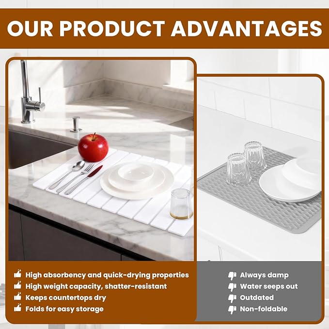 2 Pack Stone Drying Mat for Kitchen Counter Large Diatomaceous Earth Dish Drying Pads 24x16 Ultra Absorbent Quick Dry Foldable Mats for Dishes Cups Matches Any Countertop