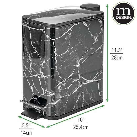 mDesign Slim Metal Rectangle 1.3 Gallon/5 Liter Trash Can with Step Pedal Easy-Close Lid Removable Liner - Narrow Wastebasket Garbage Container Bin for Bathroom Bedroom Kitchen - Black Marble