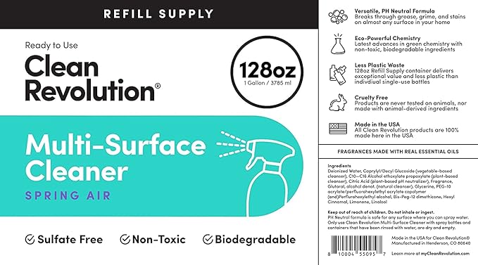 Clean Revolution Multi Surface Cleaner Refill Supply Non-Toxic Eco-Friendly &amp Plant-Based Ready to Use Spring Air 128 Fl Oz (Pack of 4)