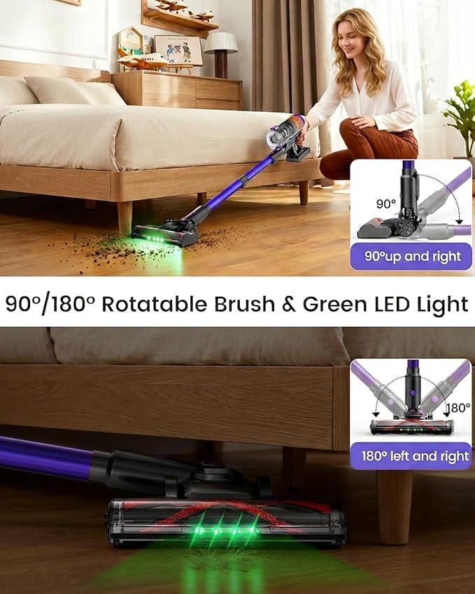Cordless Vacuum Cleaner500W 40KPa 120Mins Runtime with 2 BatteriesAnti-Tangle Stick Vacuum with Green LightRechargeable Wireless Vacuum for Pet Hair/Carpet/Hardwood FloorPurple