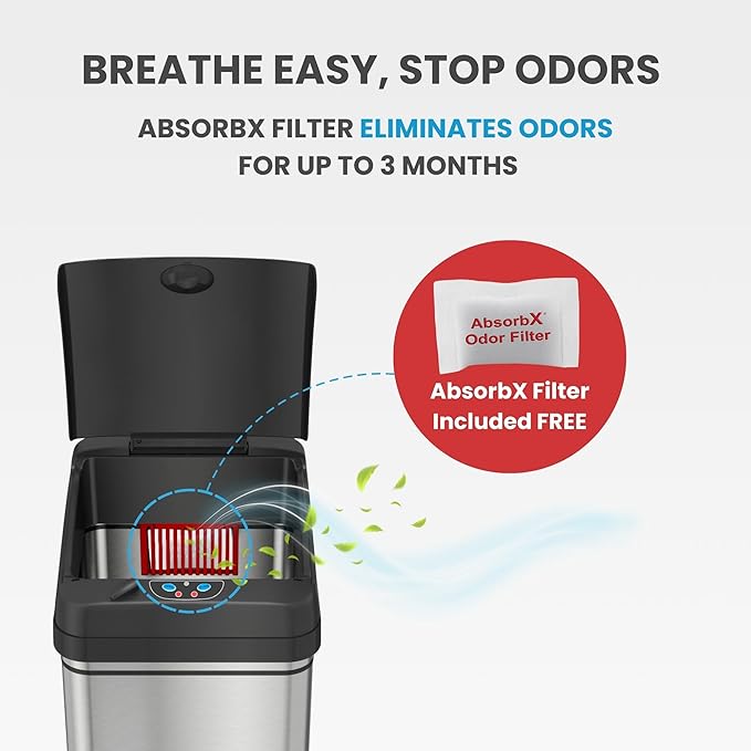 iTouchless Glide 13 Gallon Sensor Garbage Can with Wheels and Odor Control System Stainless Steel Automatic Kitchen Bin and Office Trash Bin (Powered by Battery or Optional AC Adapter)