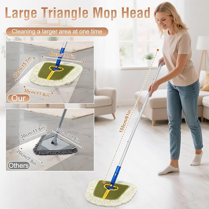 Commercial Dust Mop for Hardwood Floors Industrial Dry Mops with Replacement Wedge Cotton Mop Pads for Wall Cleaner Hardwood Tile Laminate VinylWalls HomeWarehouse Duster Green