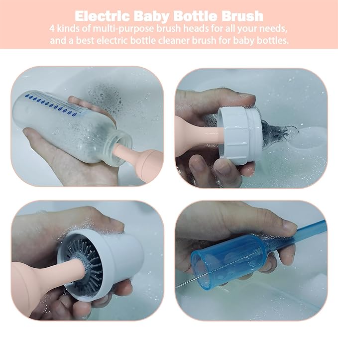Electric Baby Bottle Brush Set with Rechargeable Electric Bottle Brush Cleaner and Replaceable Silicone Bottle Brushes and Straw Brush Cleaner Waterproof Multi-Purpose Cleaning Brush(Pink)
