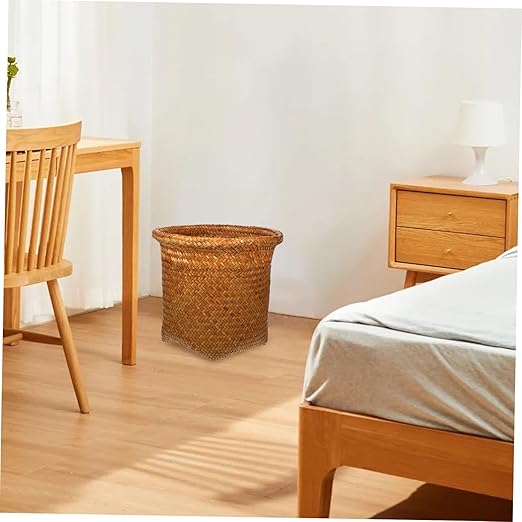 Zerodeko Handwoven Rattan Laundry Basket Medium Decorative Waste Basket for Bedroom and Office Storage Space Saving Sundries Organizer with Neatly Woven Edges