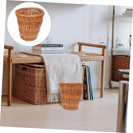 Eco-Friendly Wicker Trash Can Stylish Rattan Wastebasket for Bathroom Bedroom Kitchen and Office Versatile Woven Storage Basket with Decorative Design