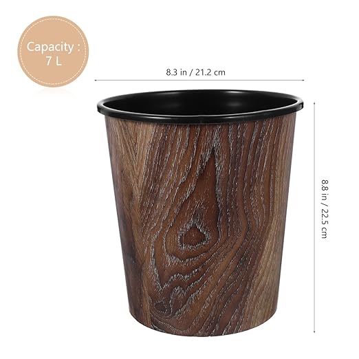 Wood Grain Trash can 1.8 Gallon Plastic Wastebasket Open Top Small Round Garbage Bin for Home Office Bathroom Living Room Imitation Wood Style