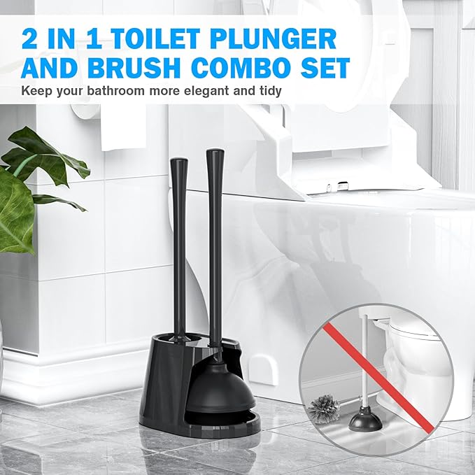 Toilet Plunger and Brush Set 2 Pack Bowl Brush and Heavy Duty Toilet Plunger with Ventilated Holder 2-in-1 Toilet Brush and Plunger Combo for 5.3-inch Toilet Drain Bathroom Deeply Cleaning(Black)