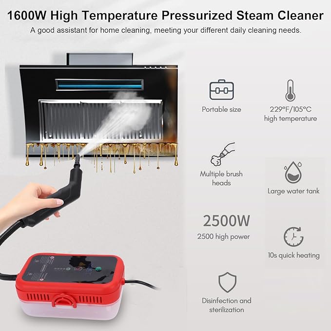 Generic Steam Cleaner Portable High Temperature Handheld Steam Cleaner with Brush Kit for Kitchen Hood Grill Furniture Bathroom Car (Red)