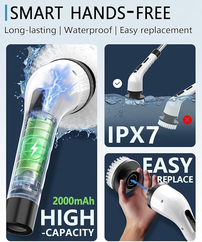 Electric Spin Scrubber for Cleaning Bathroom Shower Scrubber Cordless Cleaning Brush with IPX7 Waterproof &amp 3 Speed 9 Brush Heads Bathroom Cleaning Supplies for Shower Tub Kitchen Tile Toilet F