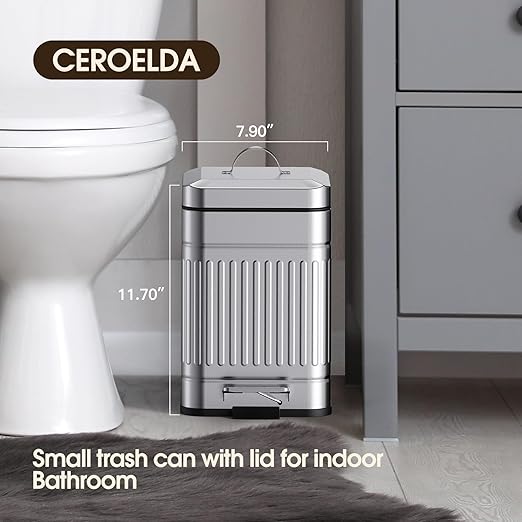 CEROELDA Small Trash Can with Lid-5L/1.3 GalOutdoor Dog Poop Garbage Can-Farmhouse Retro Metal Waste Bin w/Step Pedal for Bathroom Bedroom Office-Soft Close-Galvanized Steel…