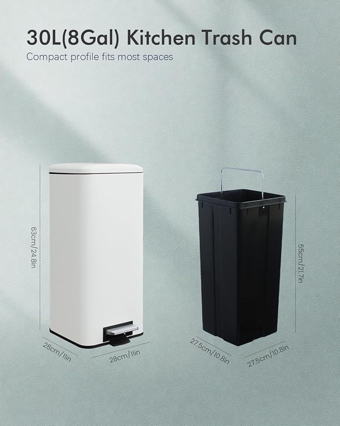 8 Gallon Trash Can with Lid White Kitchen Trash Can with Soft Close Inner Bucket &amp Steel Pedal Stainless Steel Garbage Can for Kitchen Laundry Room Office Bathroom Dorm 30 Liters