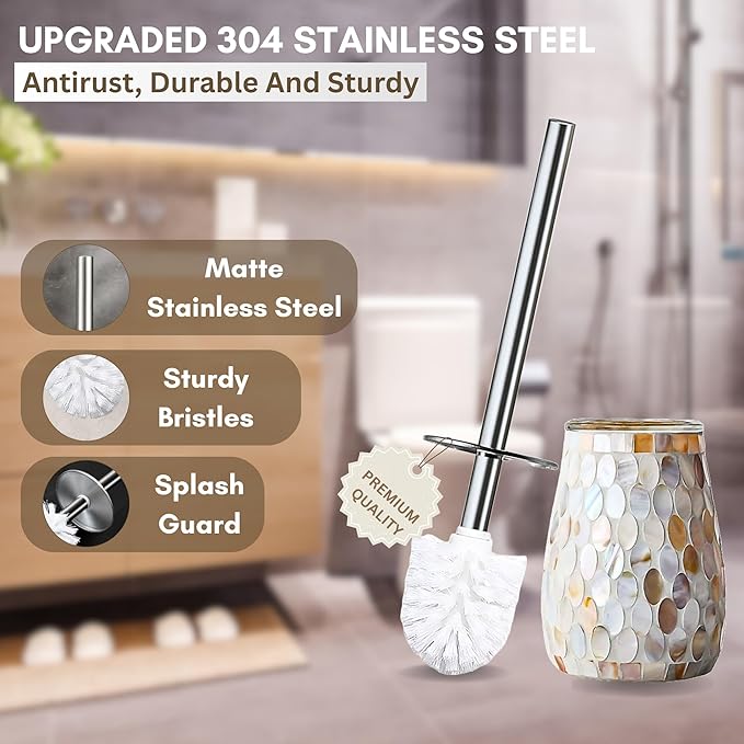 Escenzy Modern Toilet Brush and Holder Set | Natural Shell Mosaic Glass | Non-Rustic Stainless Steel | Practical &amp Decorative Toilet Bowl Brush and Holder | Luxury Bathroom Accessories