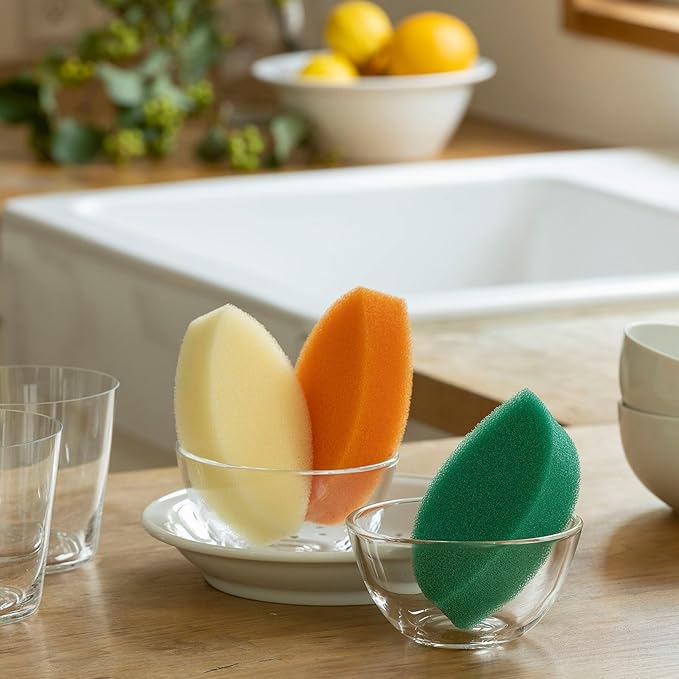 Kamenoko Sponge Do - Set of 6 - Orange - Leaf - Kitchen Sponges for Cleaning Dishes and Pans - Odor-Resistant - Made in Japan