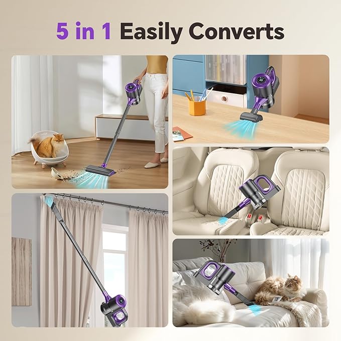 Cordless Vacuum Cleaner Powerful Suction Vacuum Cleaners for Home Stick Vacuum Cordless Rechargeable with LED Screen and 3-Speed Suction Lightweight Handheld Vacuum for Pet Hair Hard Floor Carpet