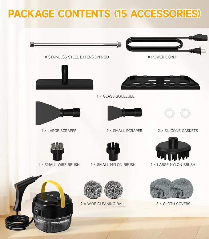 Portable Handheld Steam Cleaner 1500W High Pressure Steamer 15s Instant Heat 6-Level Handle 1.7L Tank 15PCS Accessories for Home Kitchen Grease Car Detailing